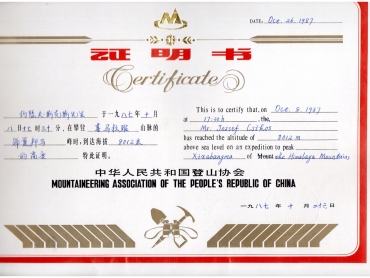 Shisha Pangma Certificate Csíkos József